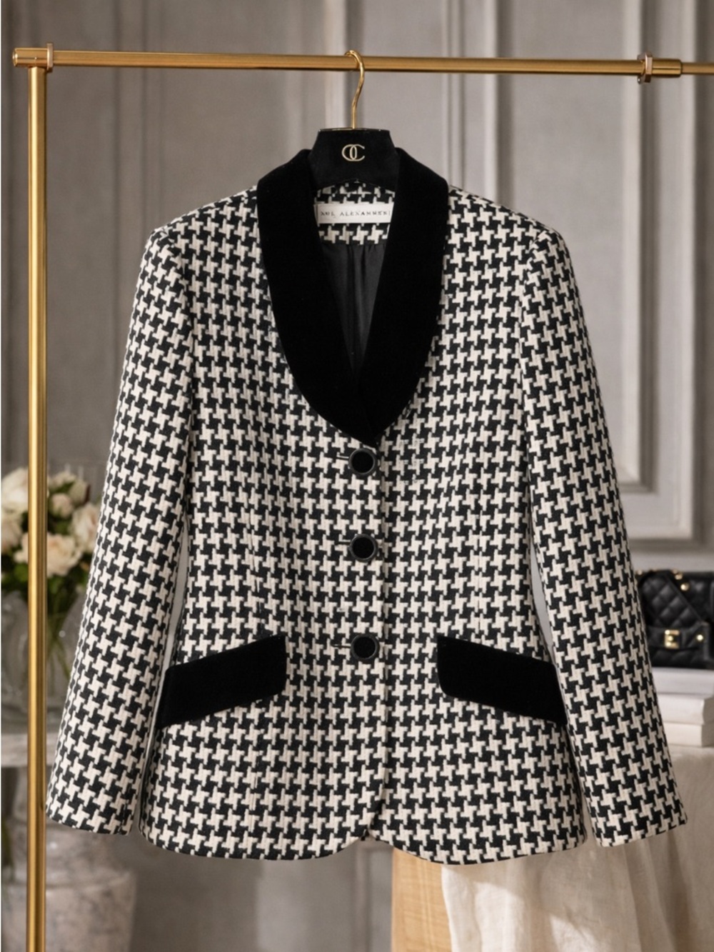 Paul Alexander Houndstooth Blazer Velvet Collar Wool Jacket Size 4